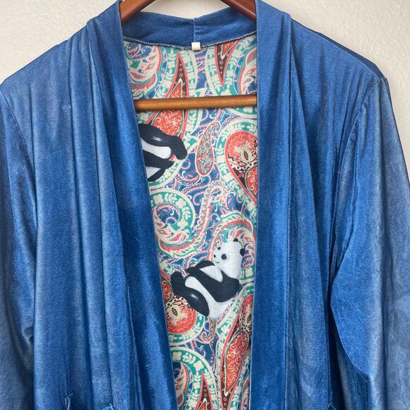 Vintage Womens Kimono Sz L Velvet Panda Bears Boho Robe Unique Rare Whimsigoth - Picture 3 of 7
